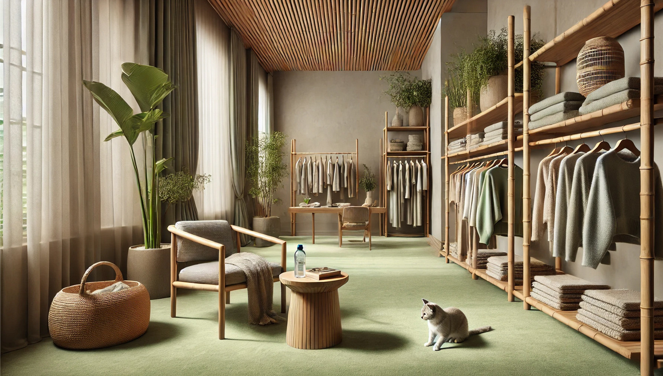 Moquette éco-conçue - Infini 11.5 - Vert amande dans un dressing chaleureux avec penderies et accessoires déco