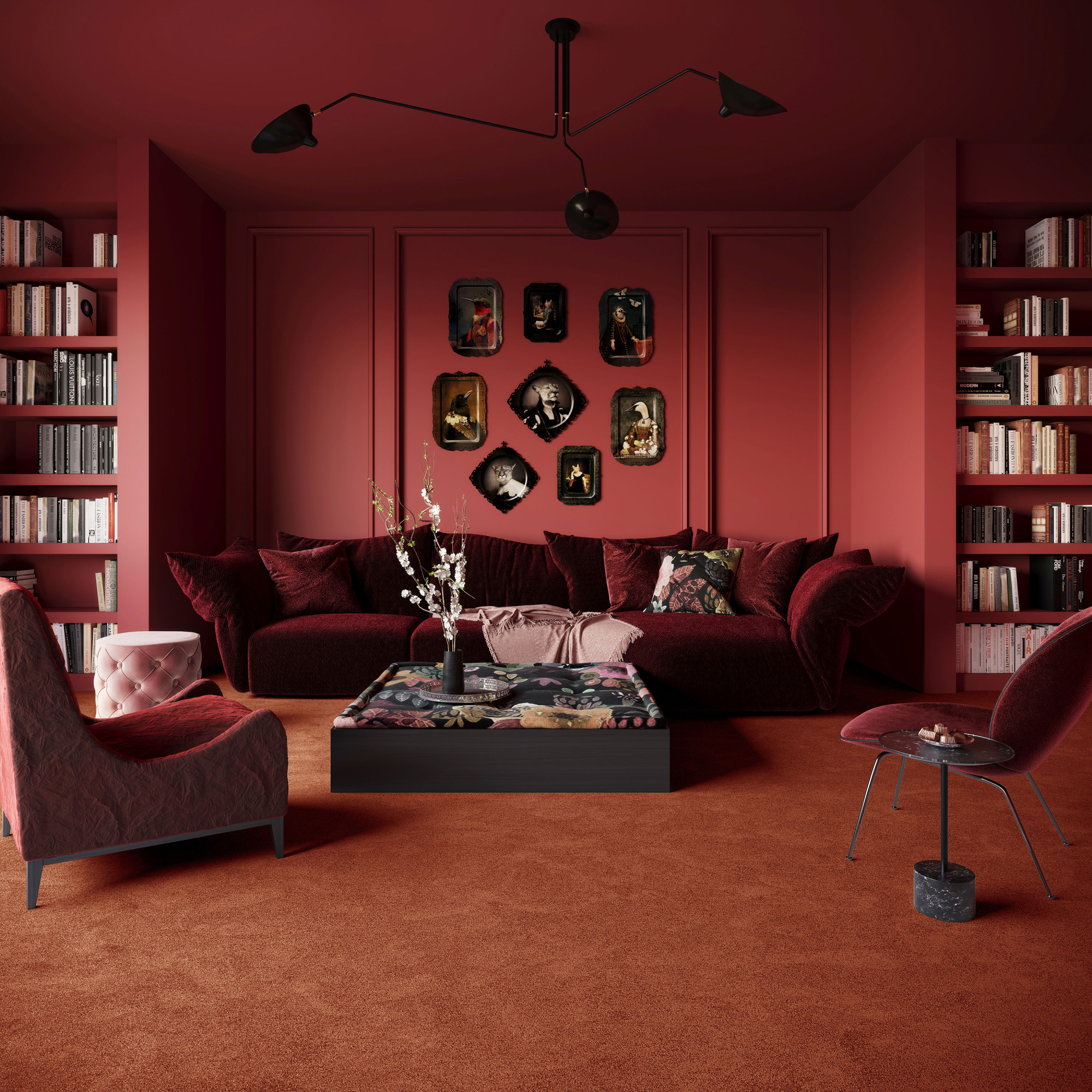 Vue rapprochée d’un salon décoré avec la moquette Chroma Sense Cuivre ancien, fibre polyamide douce sous un mobilier aux tons profonds