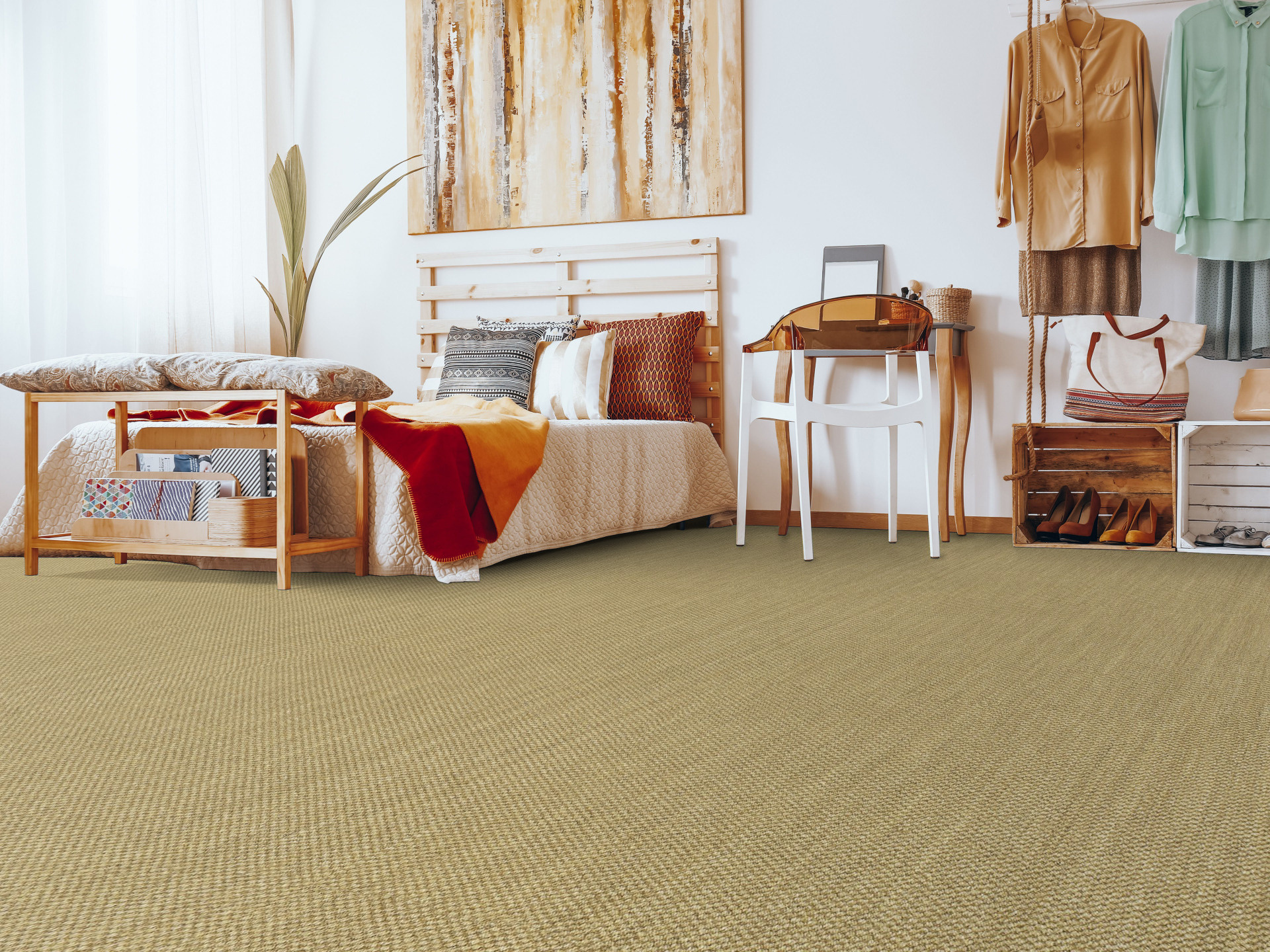 Sol Sisal - Muse - Malt dans une chambre à l'esprit bohème avec mobilier en bois et textiles naturels