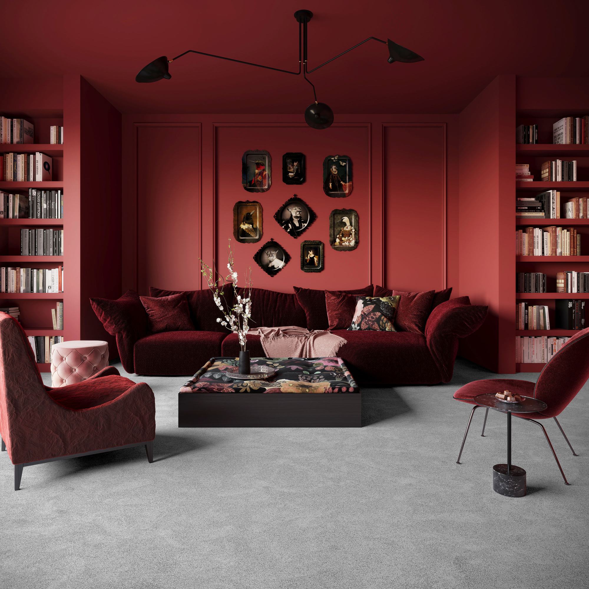 Grande pièce décorée avec la moquette Chroma Sense Gris urbain, sol continu sous un canapé généreux et un luminaire noir