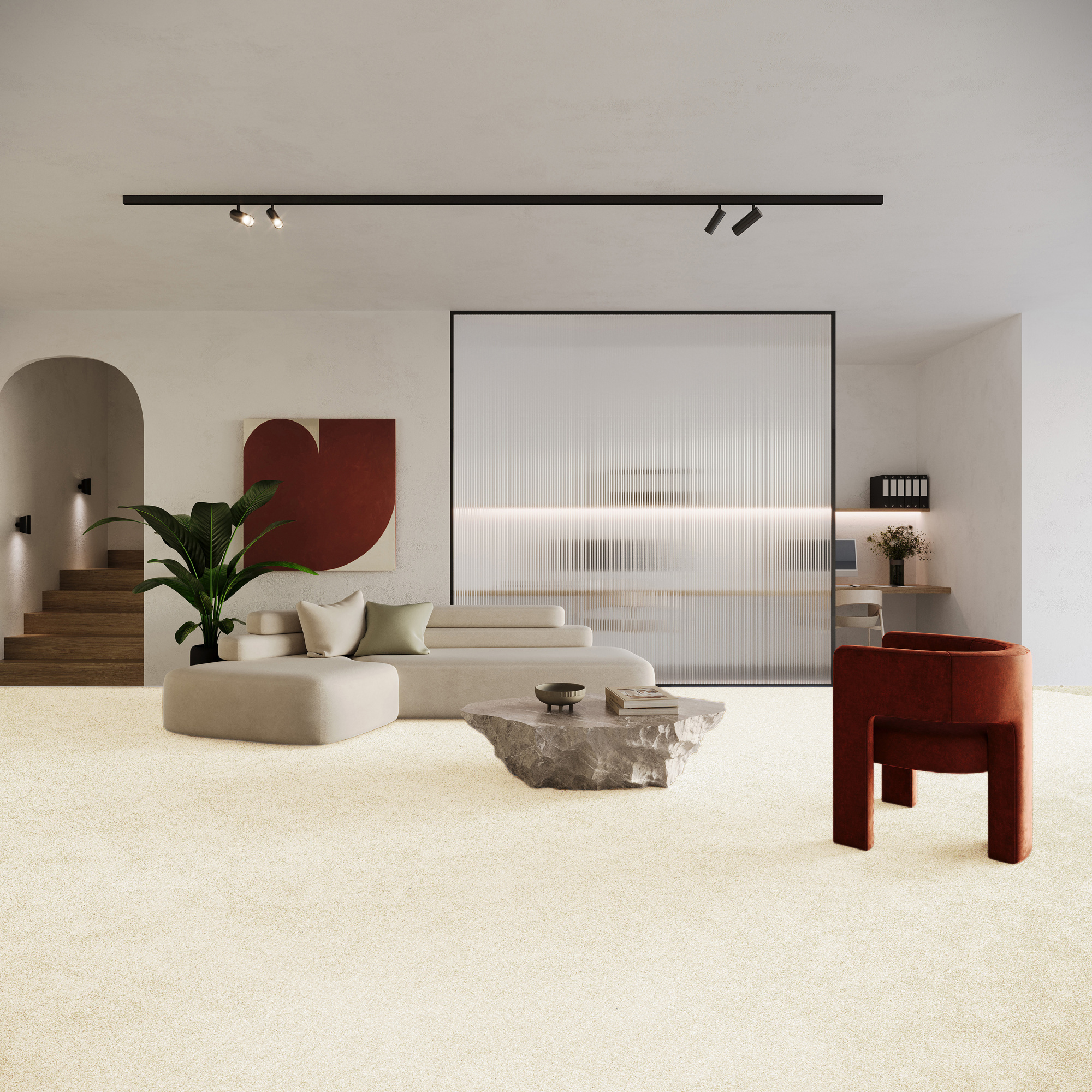 Moquette éco-conçue Infini 11.5 - Crème vanille dans un salon contemporain avec canapé blanc, plante verte et mobilier design