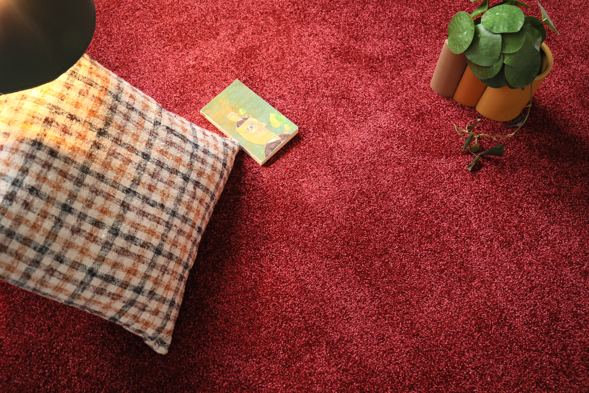 Moquette douce Délicatesse - Rouge gourmand avec coussin écossais, plante en pot et carnet posé sur le sol