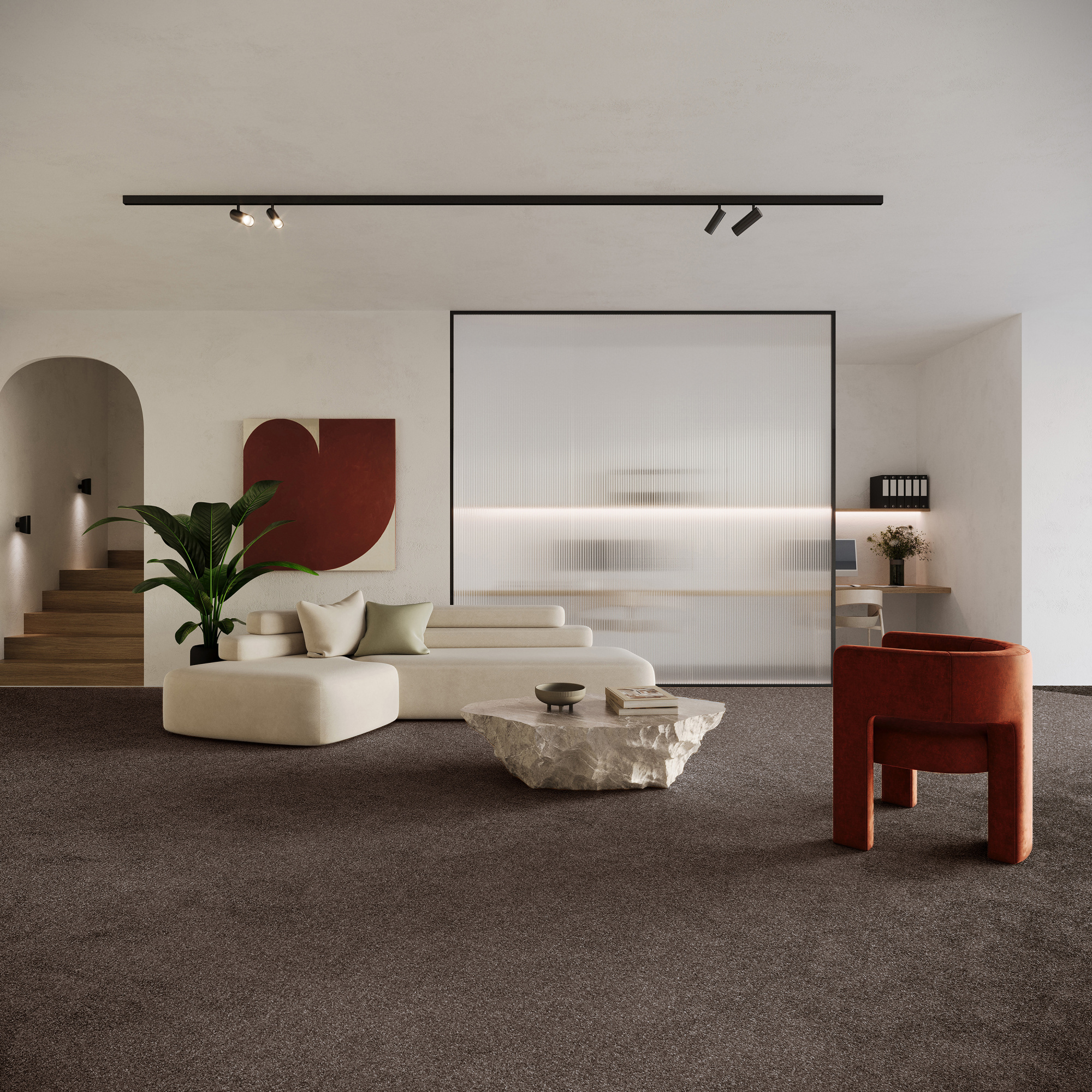 Moquette éco-conçue Infini 11.5 - Marron tonka apportant confort et chaleur à un intérieur contemporain