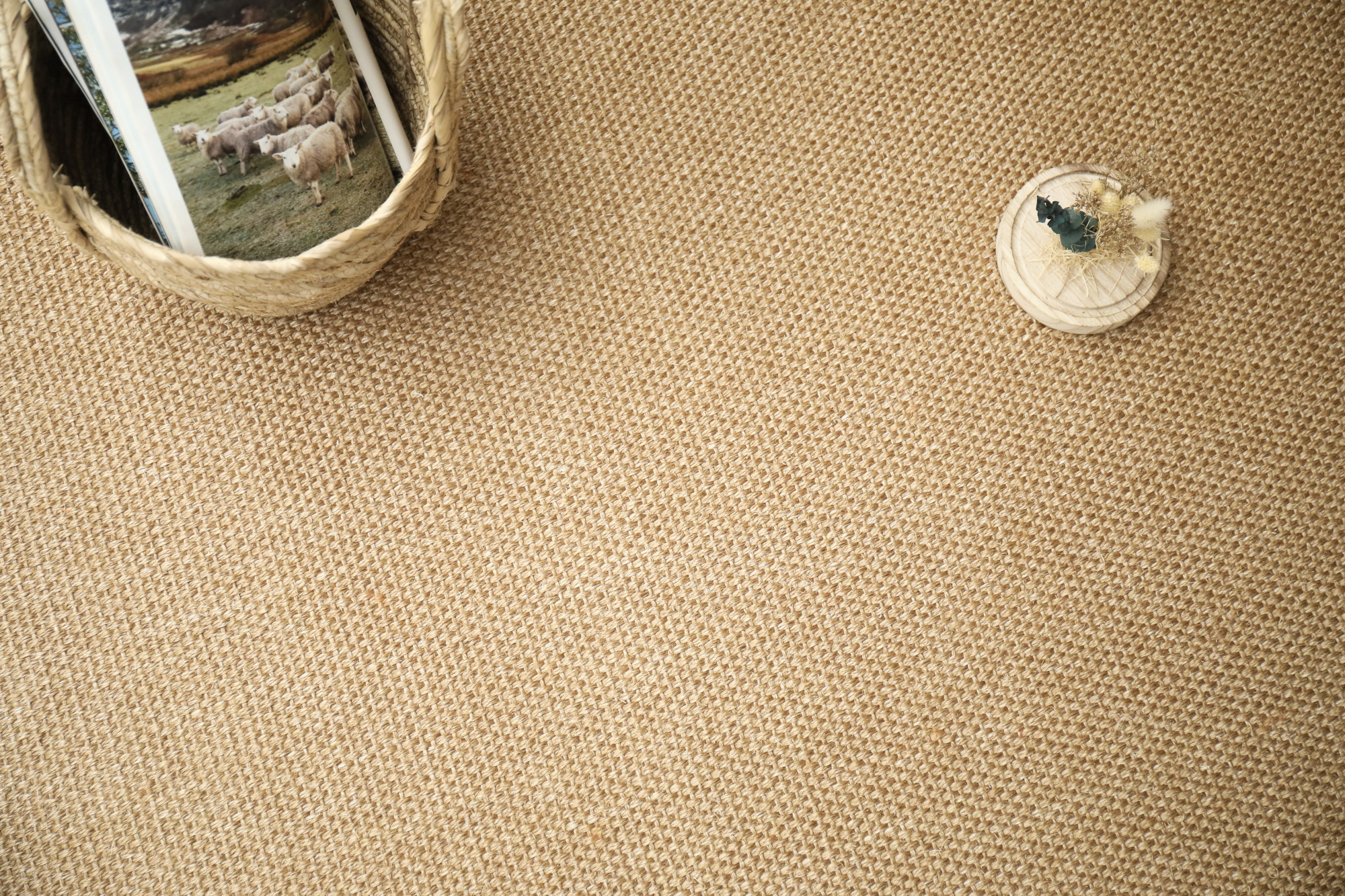 Sol Sisal Crafted - Havane mettant en avant son tissage fin aux côtés d'un panier en fibres naturelles