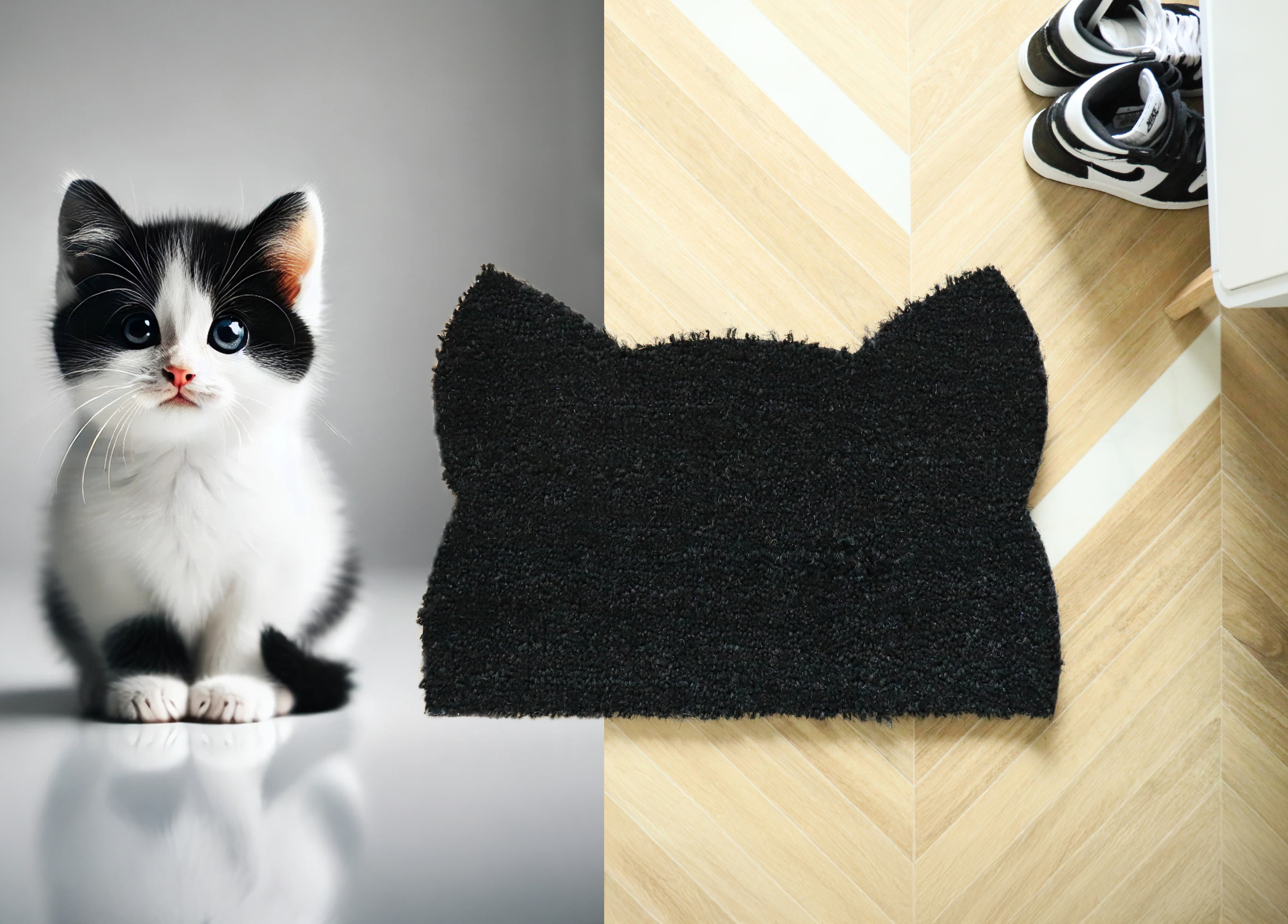 Tapis d’entrée déco Chat - Fibre de Coco 17mm - Noir présenté avec un chat, silhouette féline assortie