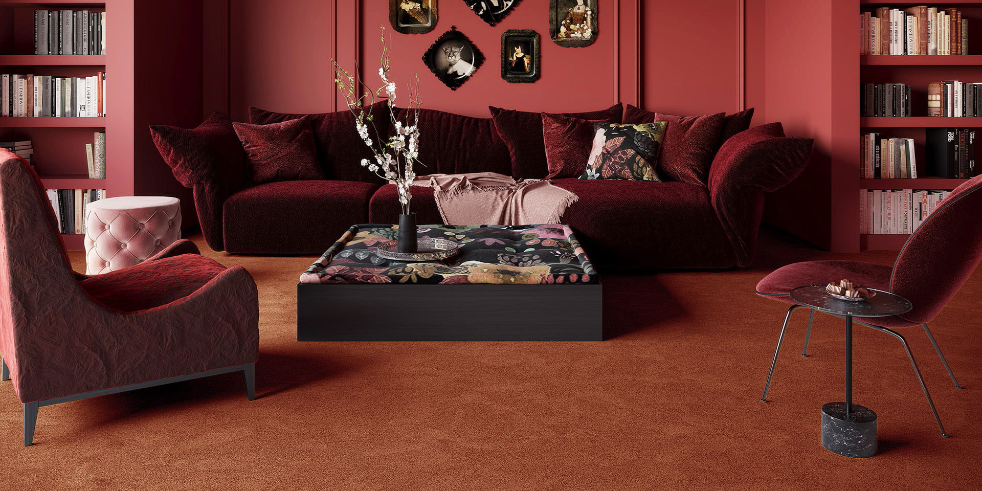 Mise en scène d’un salon accueillant où la moquette Chroma Sense Cuivre ancien apporte homogénéité et confort
