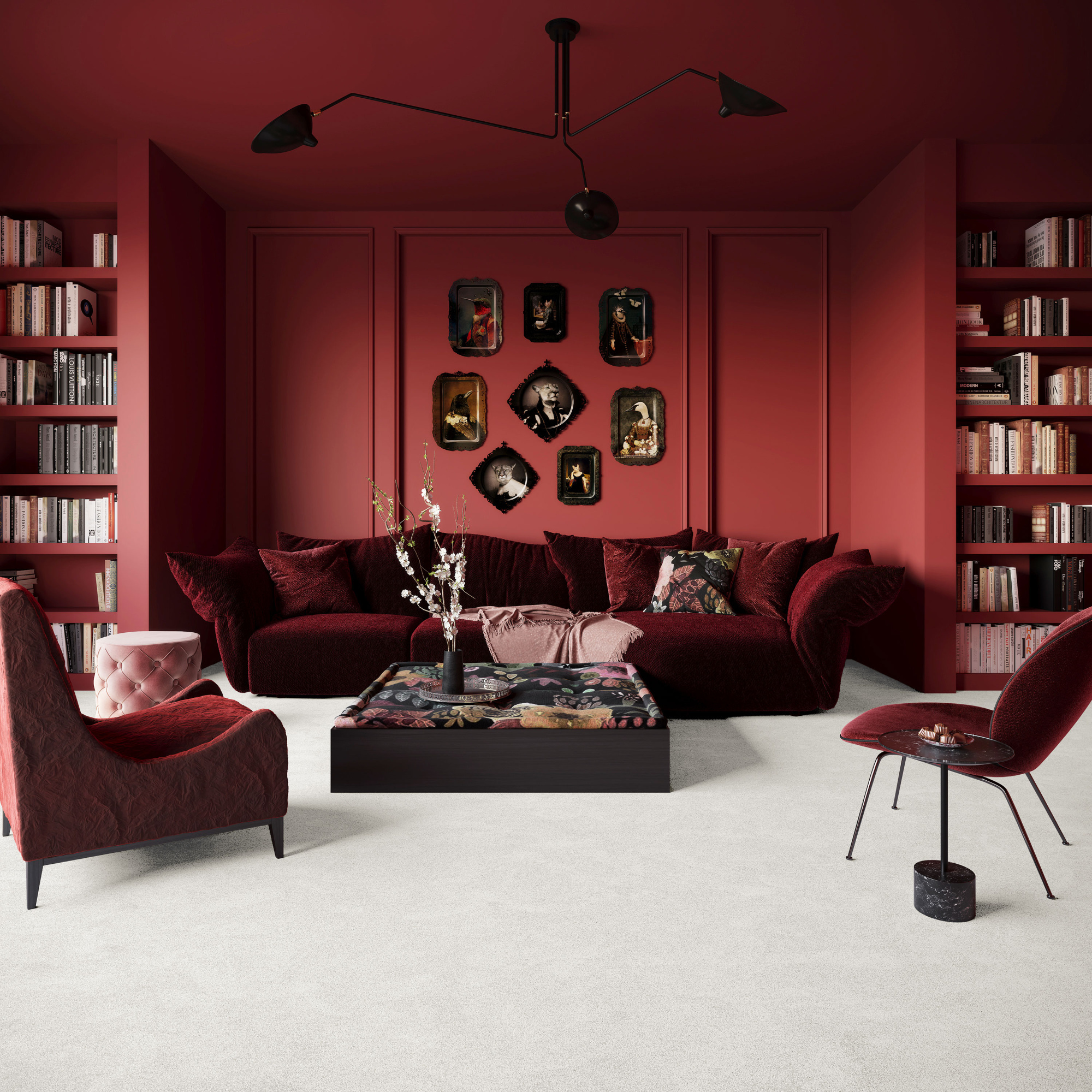 Ambiance chaleureuse avec la moquette Chroma Sense Crème fouettée, grand canapé texturé et éclairage graphique