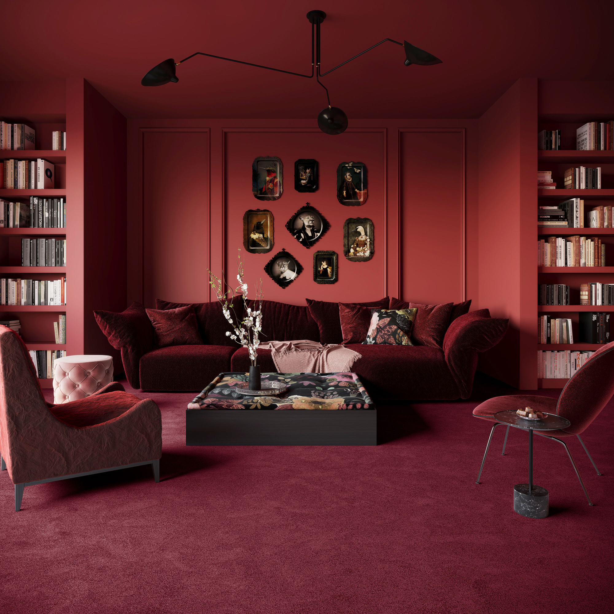 Ambiance décorative complète avec la moquette Chroma Sense Rouge profond dans un espace de vie structuré