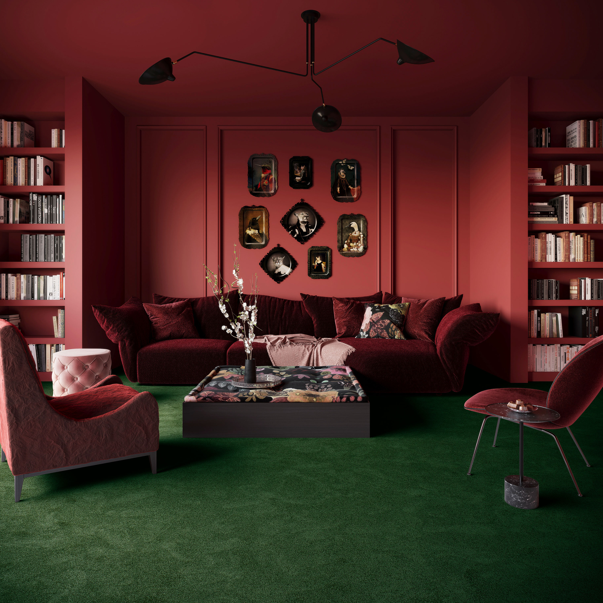 Vue d’ensemble d’un salon moderne avec la moquette Chroma Sense vert foncé