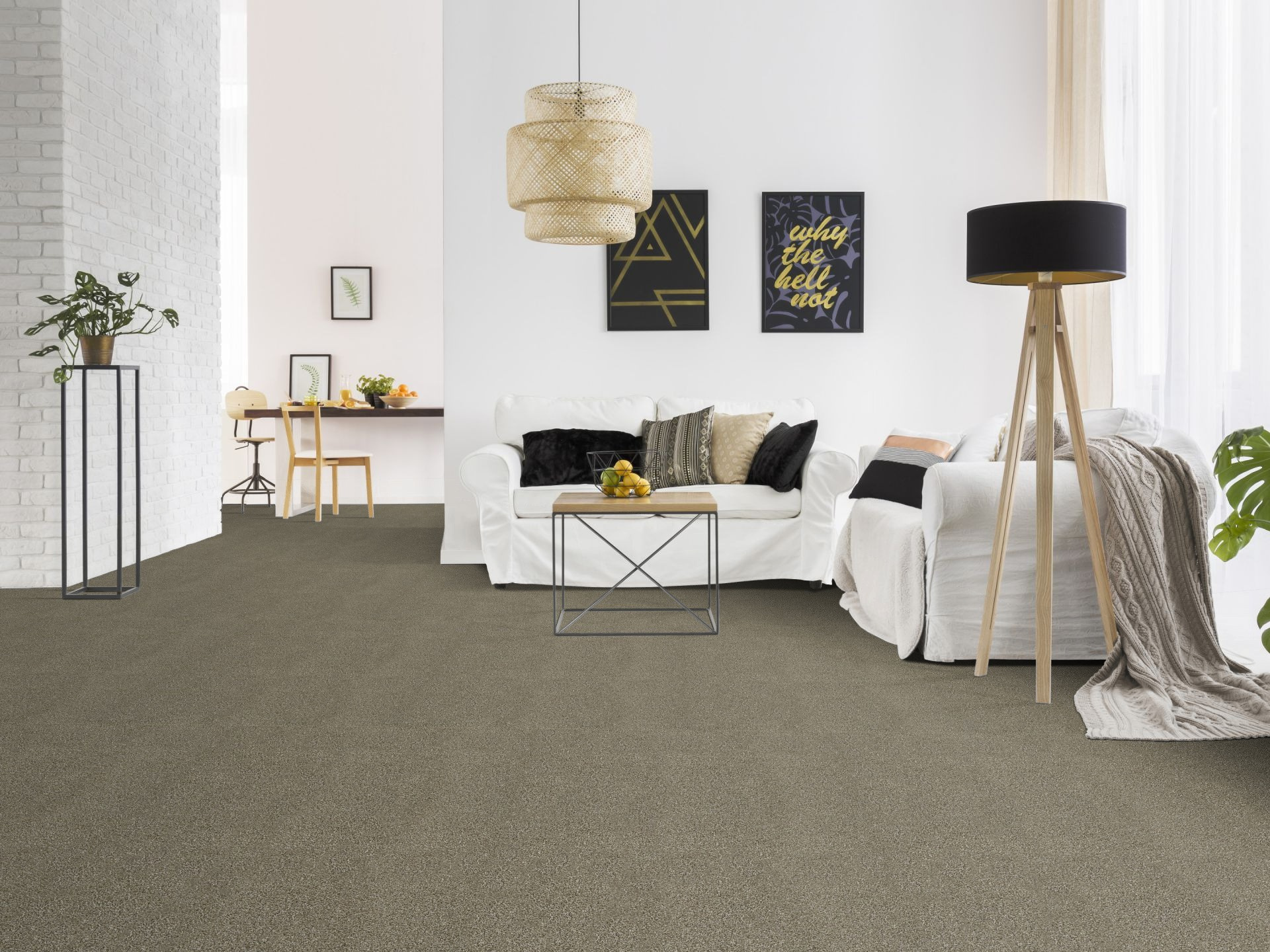 Moquette douce Délicatesse - Grège cocoon dans un salon contemporain avec canapé blanc, lampadaire noir et table basse en bois