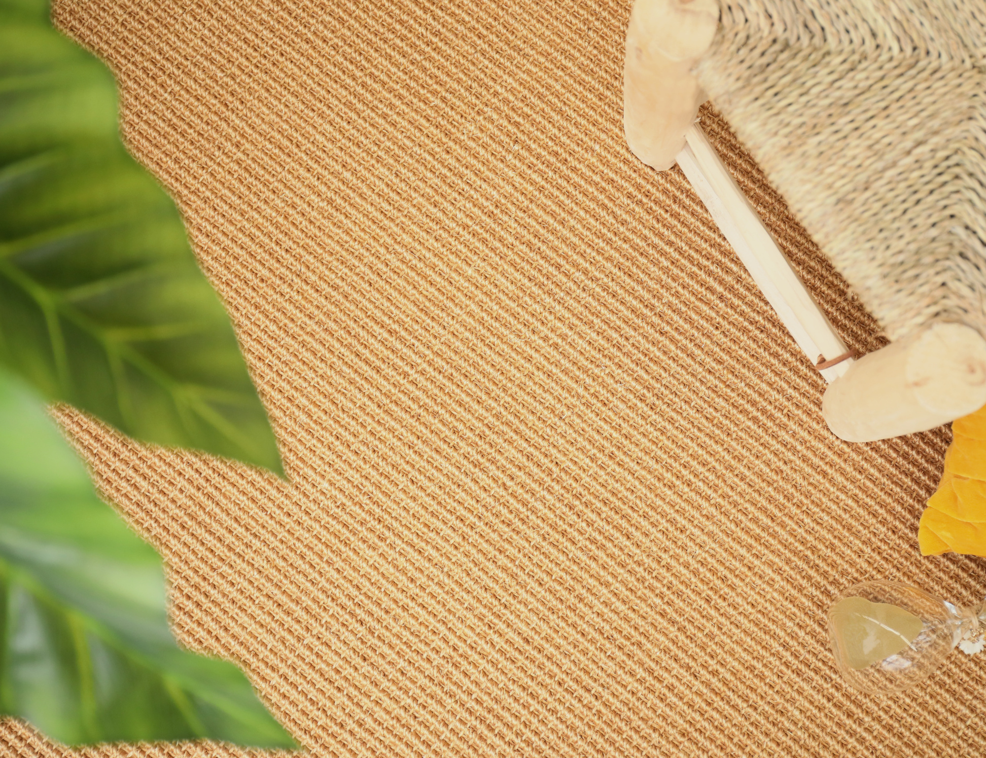 Sol Sisal - Loop - Malt accompagné de grandes feuilles vertes et d'un mobilier en bois naturel