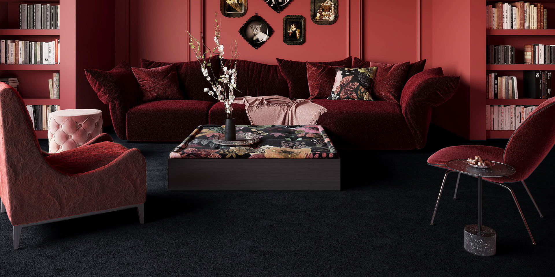Moquette ultra douce Chroma Sense Noir carbone dans un salon à l’atmosphère feutrée à la texture dense