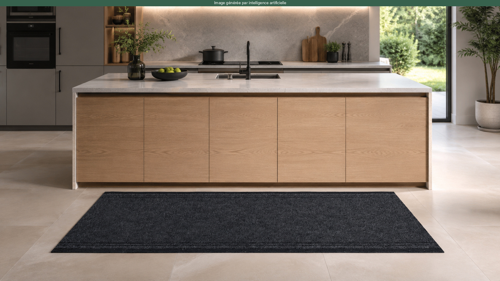 Tapis de passage Antidérapant au mètre - Noir installé devant le plan de travail d’une cuisine contemporaine