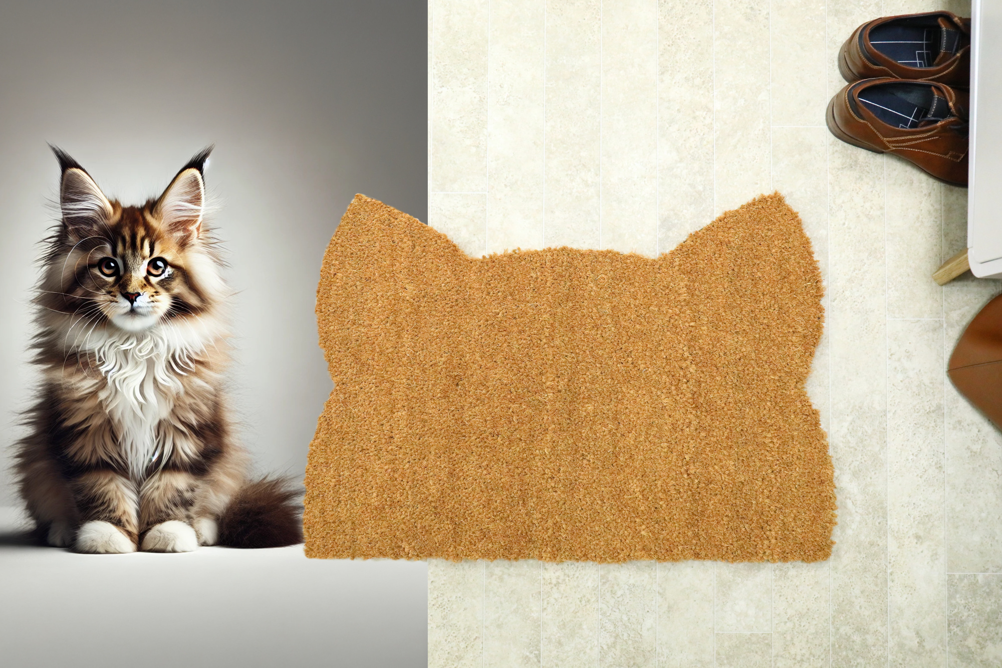 Tapis d’entrée déco Chat - Fibre de Coco 17mm - Écru en forme de tête de chat avec oreilles pointues