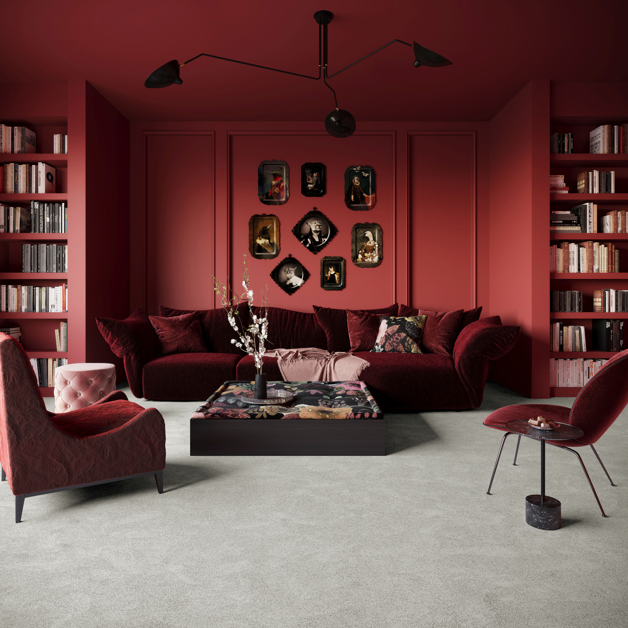 Grand salon immersif où la moquette Chroma Sense Perle givrée met en valeur l’espace