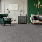 Moquette éco-conçue - Infini 11.5 - Gris acier dans une décoration chic mêlant vert profond, gris et détails dorés