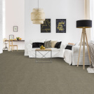 Moquette douce Délicatesse - Grège cocoon dans un salon contemporain avec canapé blanc, lampadaire noir et table basse en bois