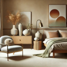 Moquette éco-conçue - Infini 11.5 - Crème vanille dans une chambre cosy avec mobilier en bois et vases décoratifs